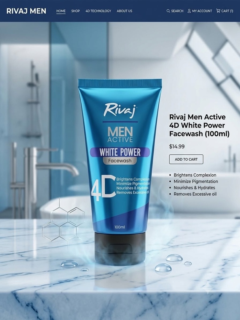Rivaj Men Active 4D White Power Facewash - Brightening & Oil Control Daily Cleanser for Men - Anti-Pigmentation Formula