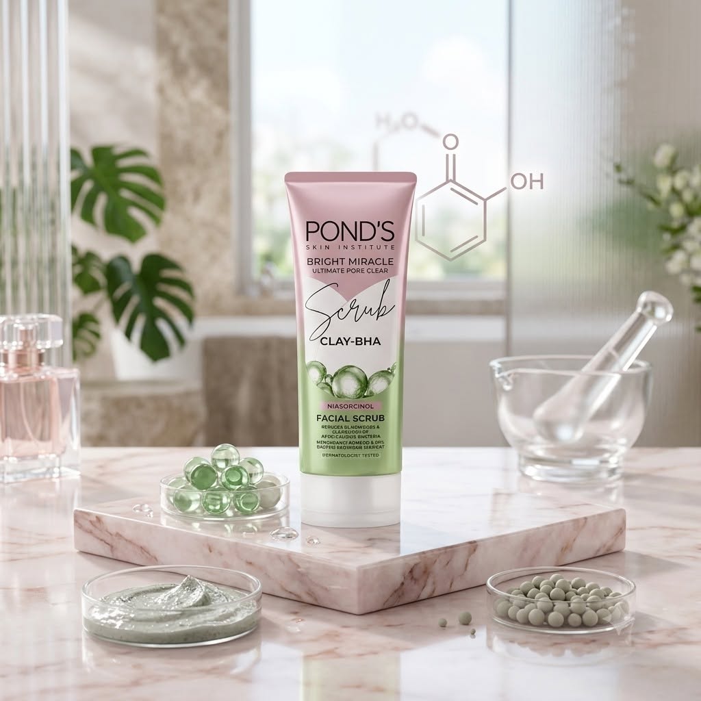 Pond's Bright Miracle Ultimate Pore Clear Facial Scrub - Clay-BHA Anti-Acne Cleanser with Niasorcinol for Blackhead Reduction