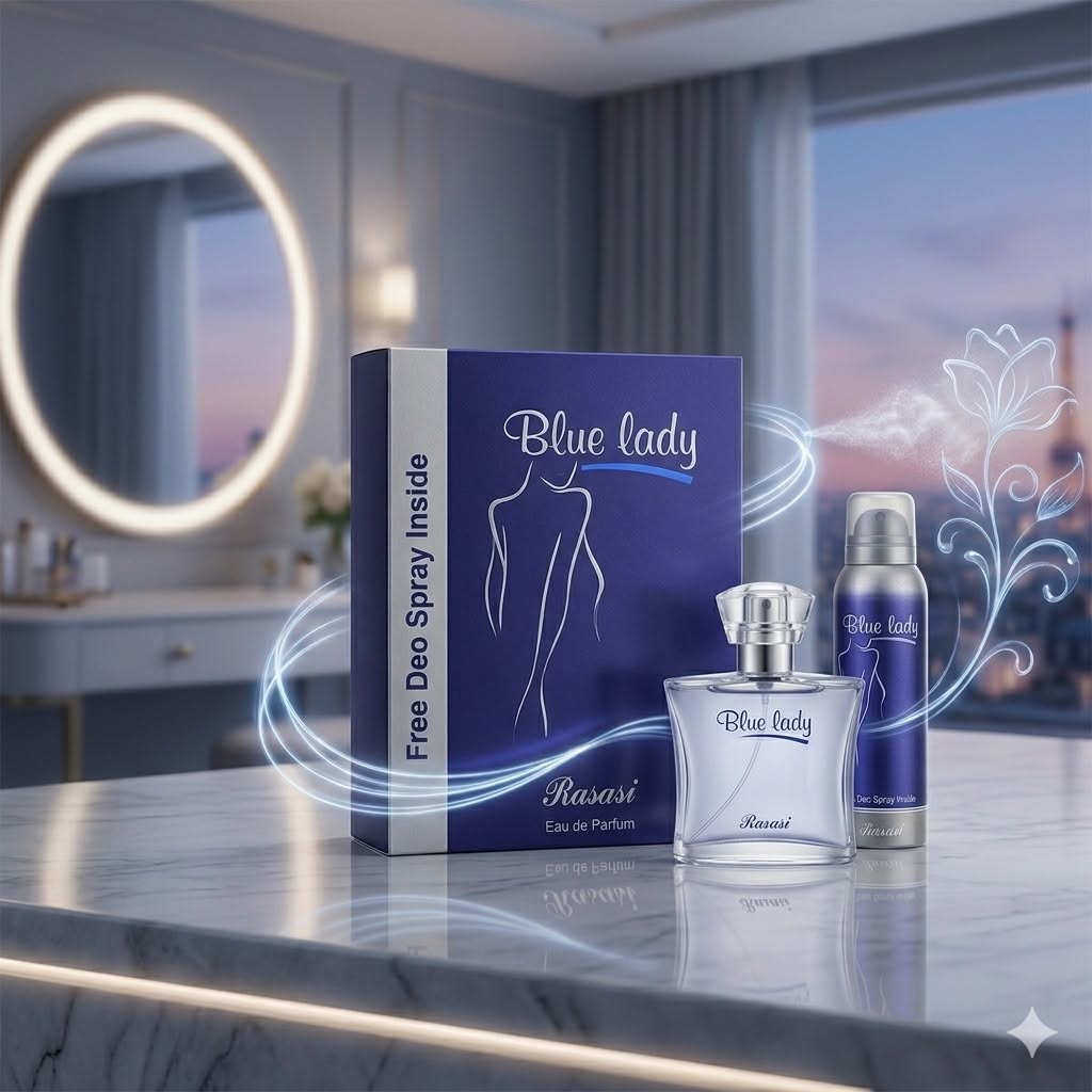 Rasasi Blue Lady Eau De Parfum For Women (40ml) With FREE Deodorant Spray Inside – Premium Long-Lasting Floral Woody Fragrance Combo Pack
