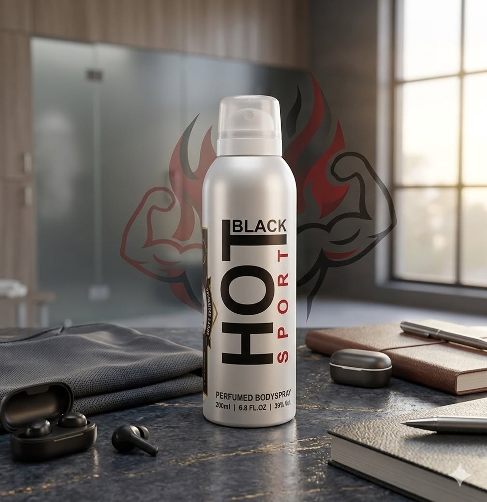HOT BLACK SPORT Perfumed Bodyspray for Men (200ml) – Long-Lasting, Ultra-Fresh Athletic Deodorant Spray